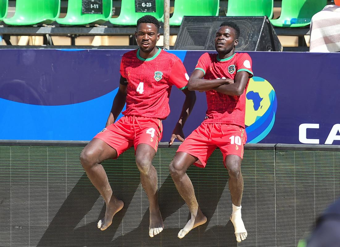 Malawi beach soccer players in action